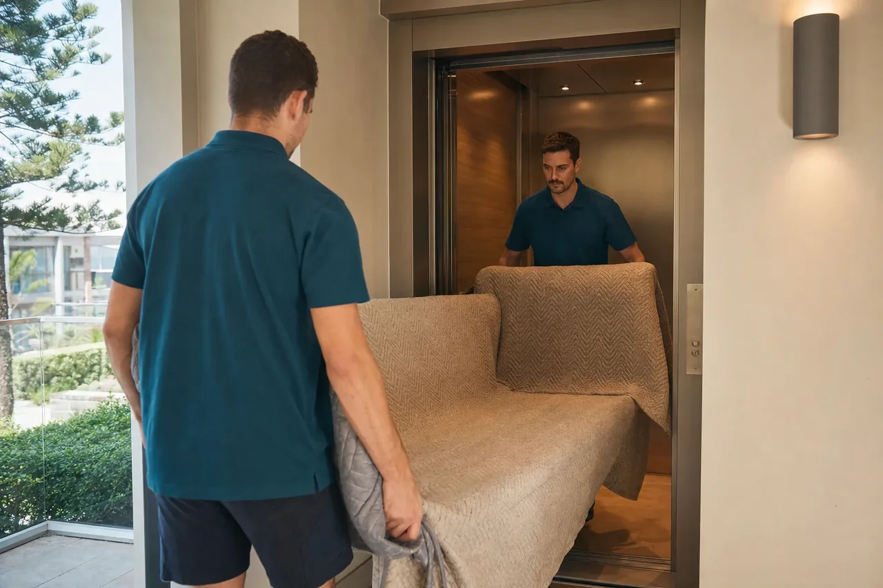 Two removalists guiding a blanket-wrapped sofa into a residential apartment building lift in Sydney's Eastern Suburbs