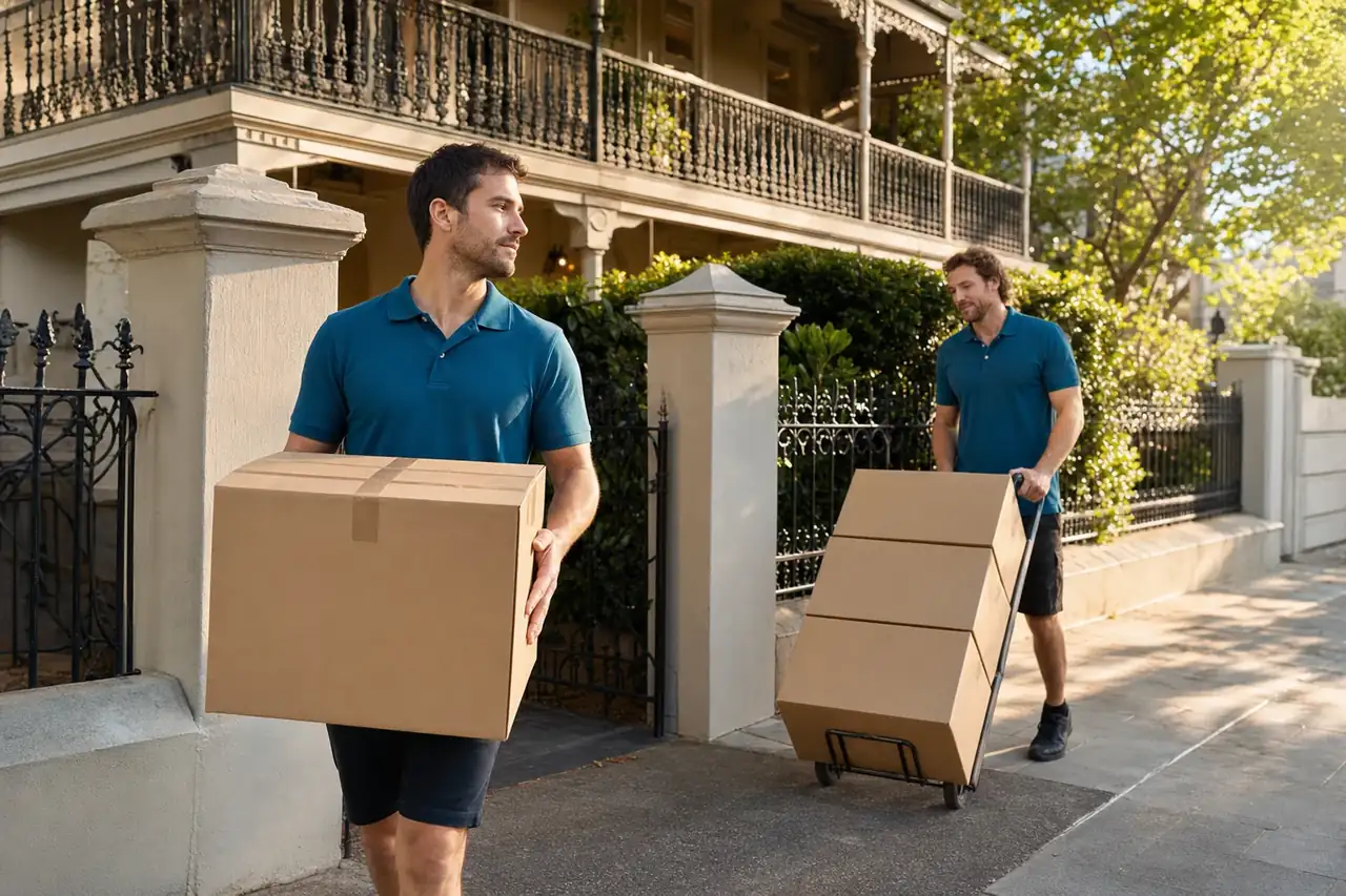Removalists carefully carrying furniture through an Eastern Suburbs terrace in Sydney