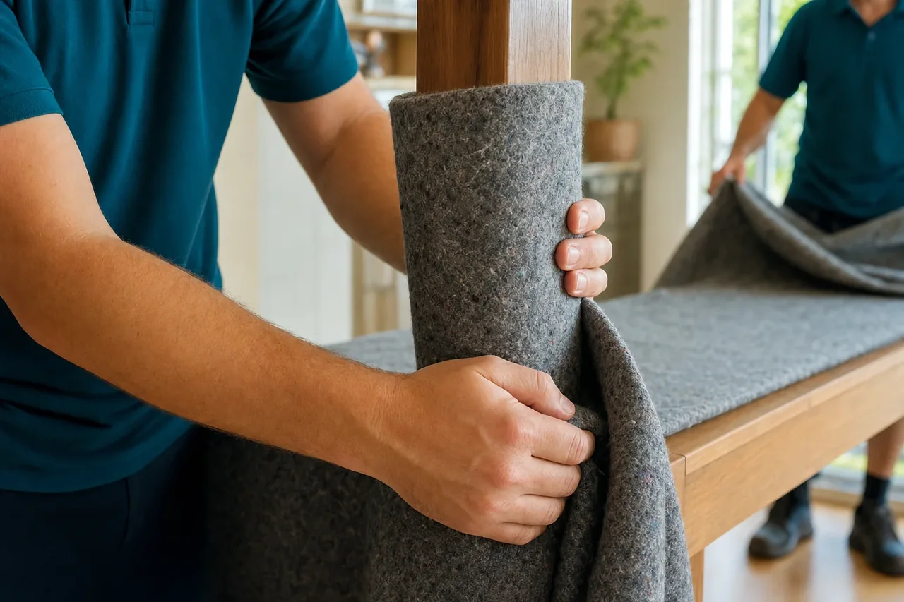 Close-up of a removalist wrapping a timber table leg in protective moving padding