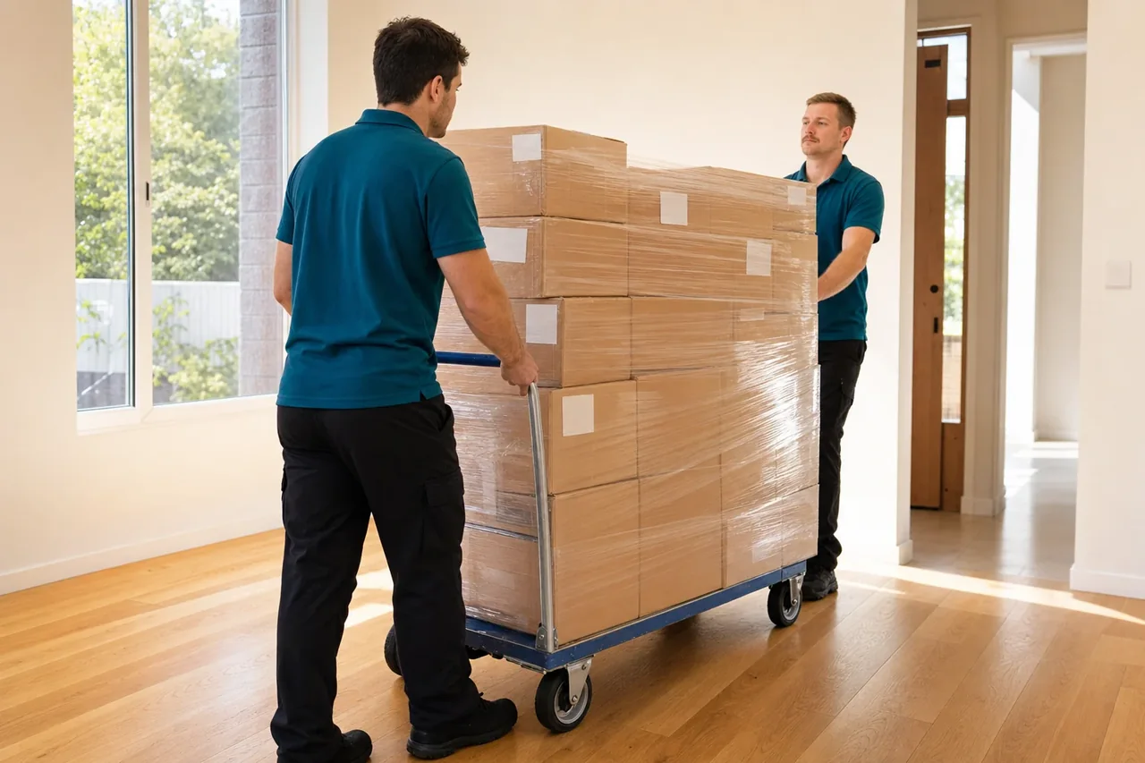 Labelled cardboard moving boxes shrink-wrapped and stacked on a trolley, ready for an interstate move from Sydney