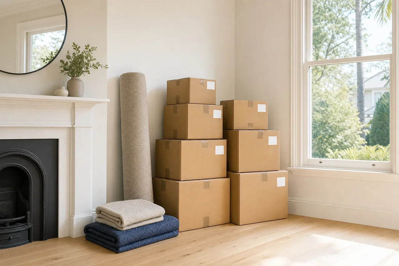 Packed and labelled moving boxes ready for an interstate move from a Sydney home