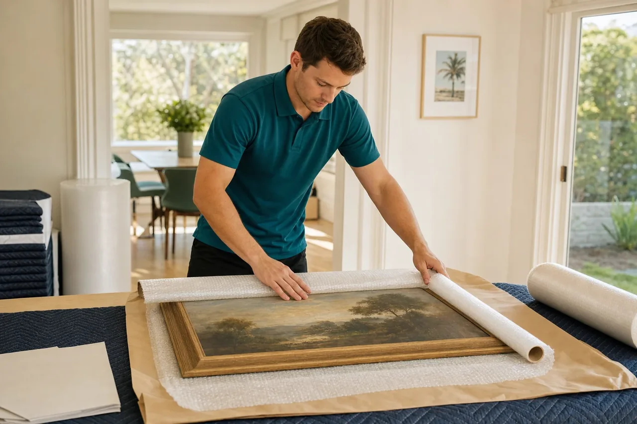 A removalist carefully wrapping a large framed painting in bubble wrap and packing paper before a move