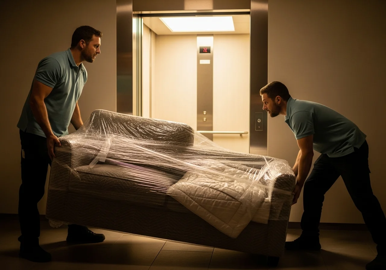 Removalists protecting a building lift and corridor while moving wrapped furniture in a Sydney Eastern Suburbs apartment