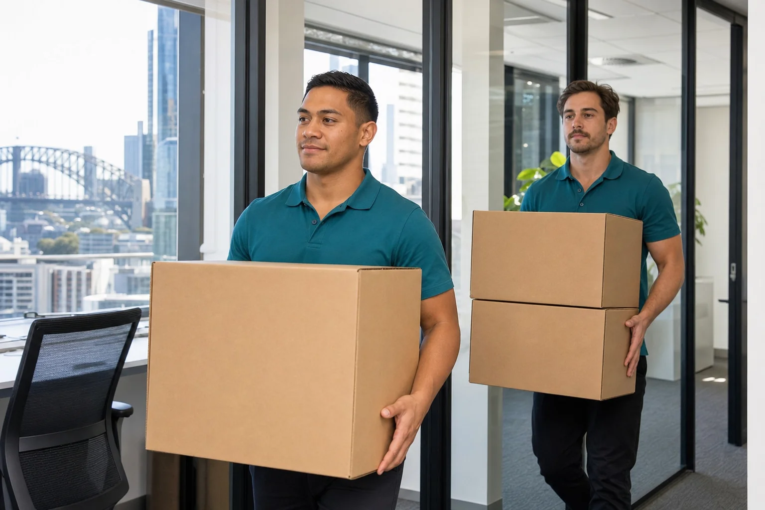 Removalists moving office workstations through glass-front commercial space, Sydney Eastern Suburbs