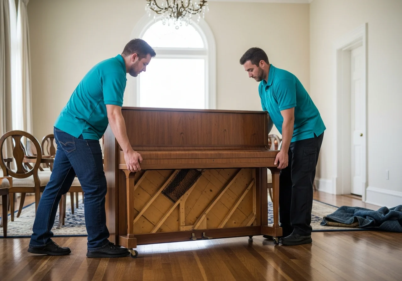 Specialist removalists carefully moving an upright piano with proper equipment in a Sydney Eastern Suburbs home